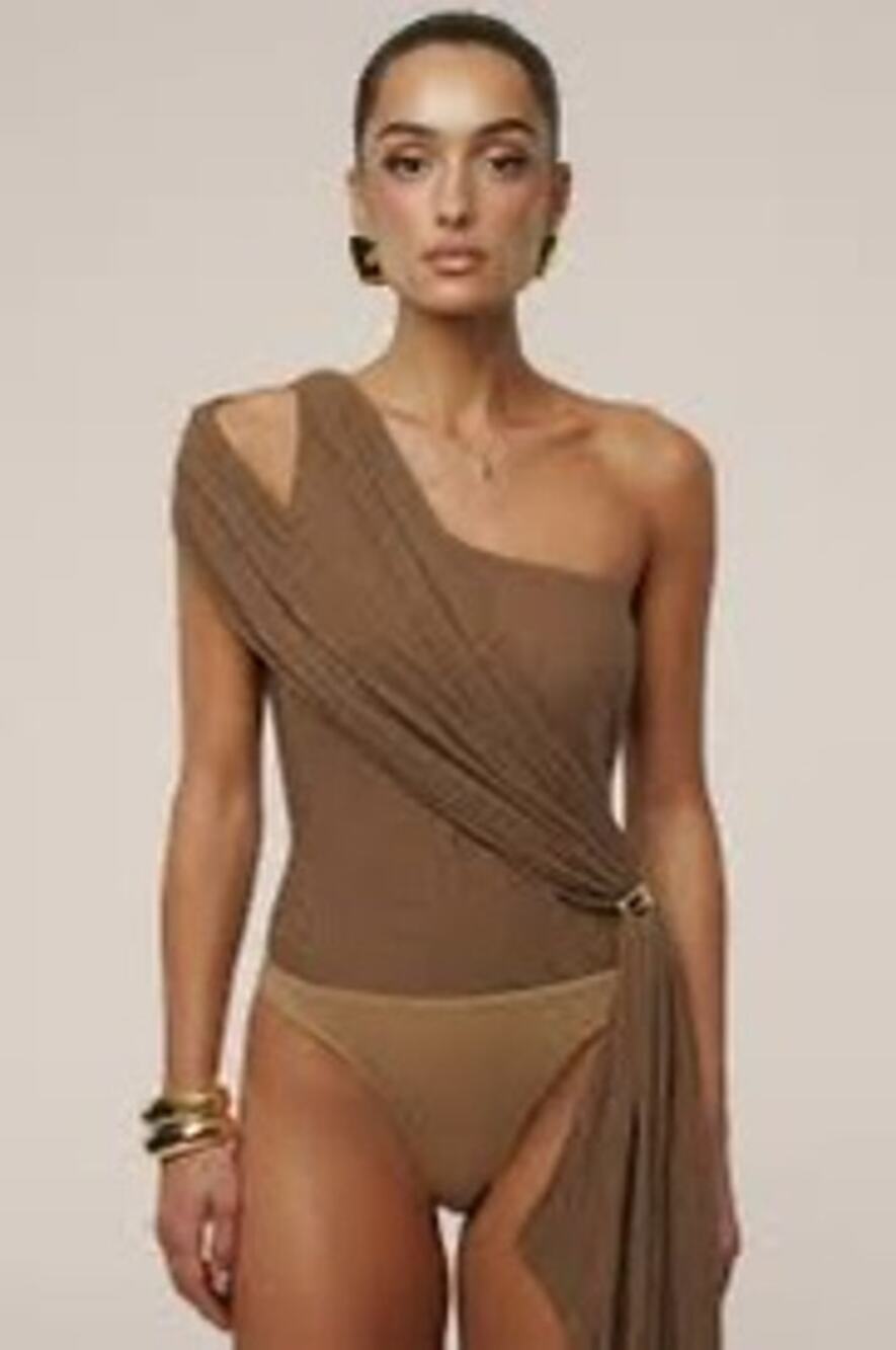 JLUXLABEL Lovina Drape One Shoulder Bodysuit Brown XS NWOT